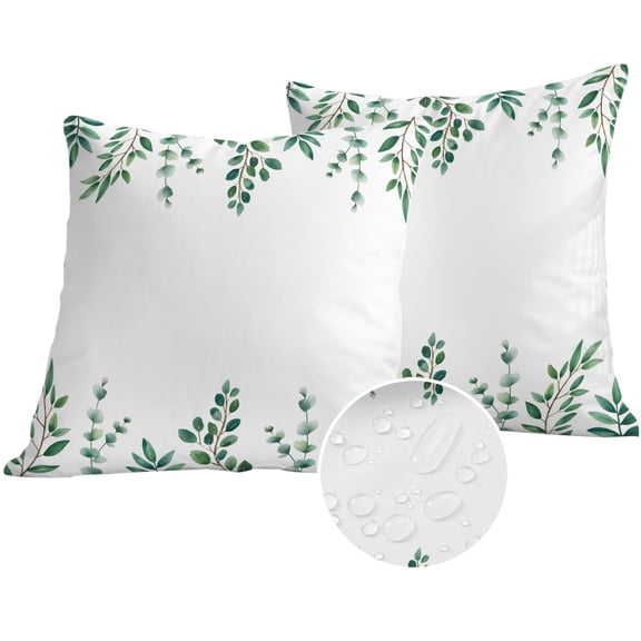 Eucalyptus Outdoor Pillow Covers 24x24 Set of 2,Waterproof Patio Throw Pillowcase Protectors,Watercolor Green White Botanical Vines Leaf Decorative Pillow Shams Cushion Covers for Seat Bed Couch Sofa