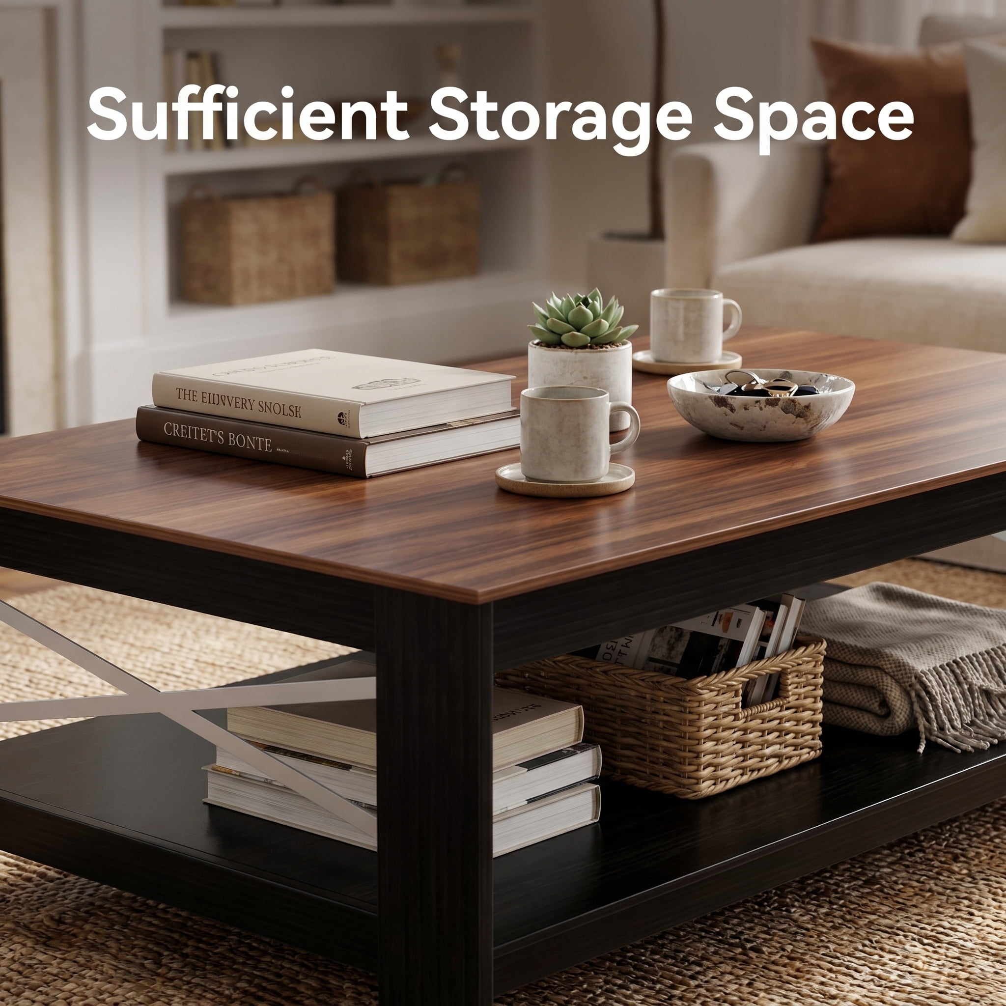 BEAUTYPEAK 40"x22" Coffee Table with Storage Shelves Rectangular Living Room Center Table, Walnut