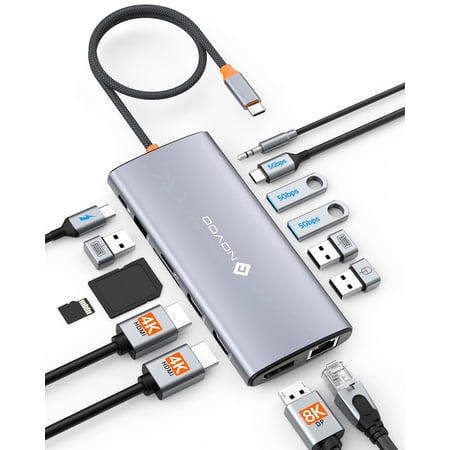 NOVOO 14-in-1 USB-C Docking Station, Dual Monitor Laptop Hub with 2 HDMI 4K@60Hz, DisplayPort 8K@30Hz, 100W PD, Ethernet, USB-C/A Data, SD/TF, Audio