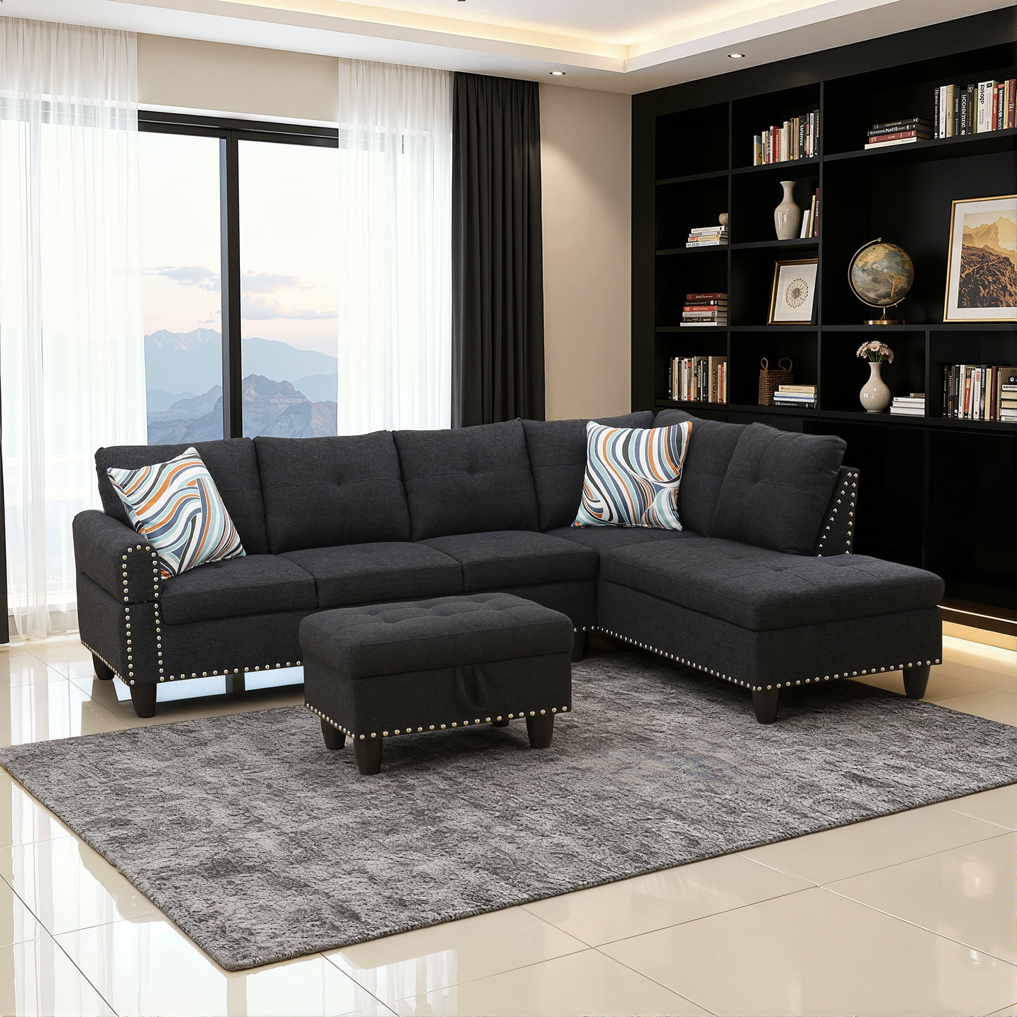 MAYEERTY 97.5" Linen Sectional Sofa, 3-Piece Modular Couch Living Room Sofa Set with Ottoman, Black (Right)