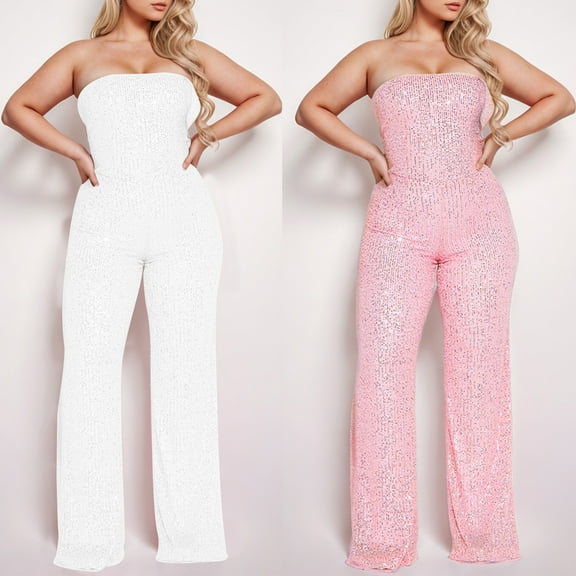 PXLKNZH Sequins Jumpsuits for Women Elegant Sparkly Strapless Bandeau Wide Leg Pants Rompers formal One-Piece Party Overalls White,L