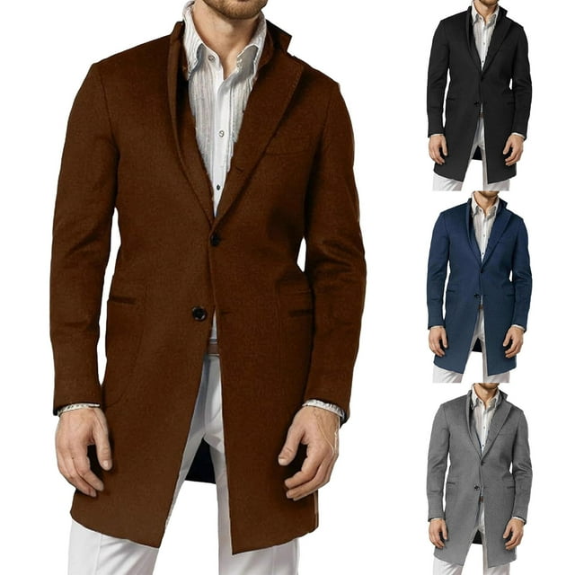 DIOAZUD Mens Pea Coat Wool Blend Solid Winter Warm Overcoat Notched Lapel Single Breasted Windproof Trench Coat with Pockets