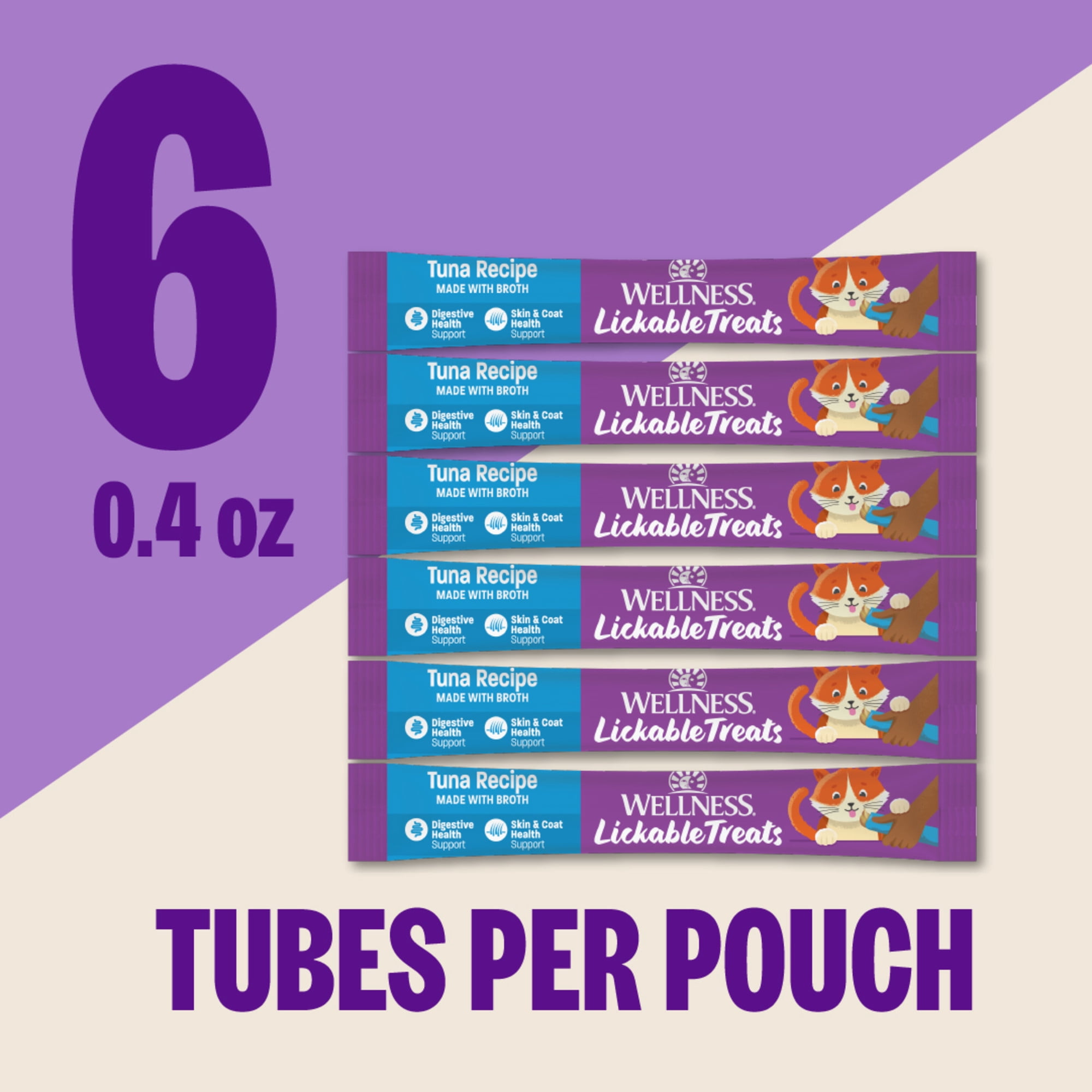 Wellness Lickable Soft Puree Cat Treats, All Lifestages, Kitten to Senior, Natural, Grain Free, Tuna Flavor, 0.4 oz, Pack of 6 Tubes