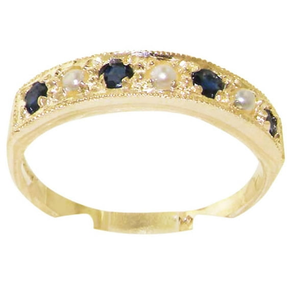LBG Solid 10k .417 Yellow Gold Cultured Pearl and Sapphire Womens Band Ring - Sizes 4 to 12 Available