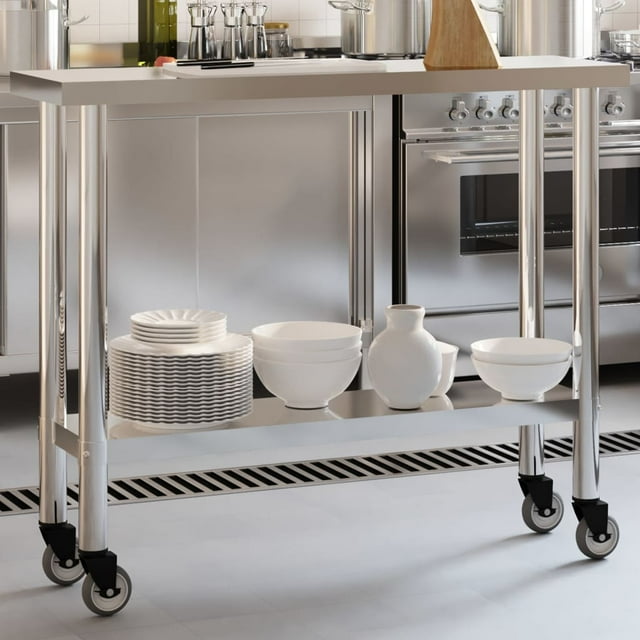 vidaXL Table de Cuisine avec Roulettes 110x30x85 cm Acier Inoxydable