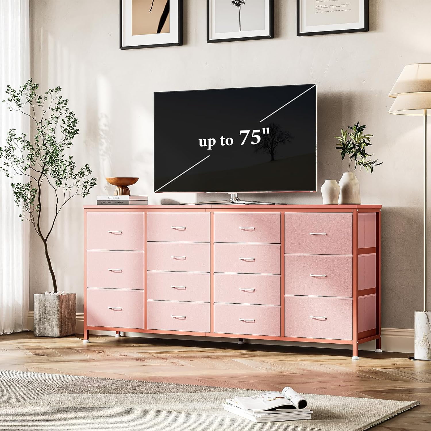 M optimized 63" Dresser for Bedroom, TV Stand for 65 70 75 inch TVs, 14 Drawer Dresser with Power Outlets, Large Long Fabric Dresser Entertainment Center