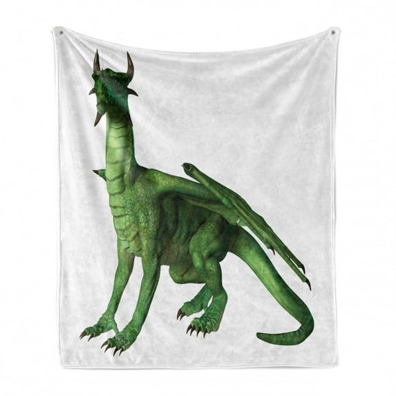 Animal Soft Flannel Fleece Throw Blanket, Ugly but Dragon Standing and Looking Miniature Dino Like Image Artwork Print, Cozy Plush for Indoor and Outdoor Use, 70" x 90", White Green, by Ambesonne
