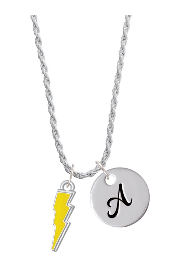 Silvertone Yellow Lightning Bolt Silvertone Script Initial Disc - A - Charm Necklace, 20"+3"