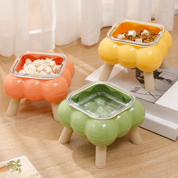 Kuroiy Glass Elevated Cat Bowl Raised Neck Protector Wide Shallow Non-Slip Glass Pet Food Water Dish | Easy Clean | 300ml Capacity | Single | Green Yellow Pink | 4.13in