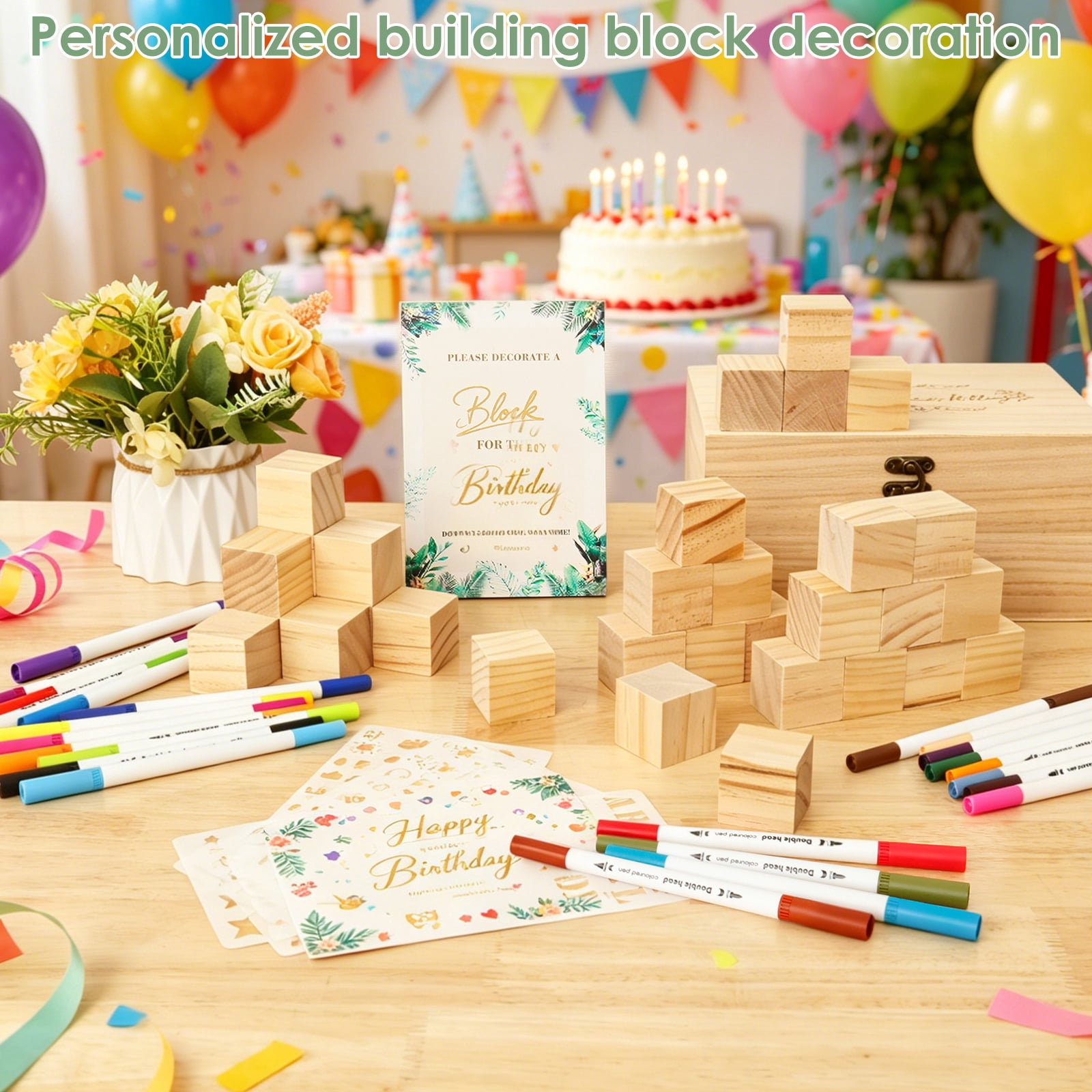Threns 85Pcs Baby Shower Games Sign Kit, Baby Shower Blocks Game Set with Wooden Box, Acrylic Markers, Wooden Sign for Baby Shower Games, Gender Reveal and Decorations (GreenLeaves)