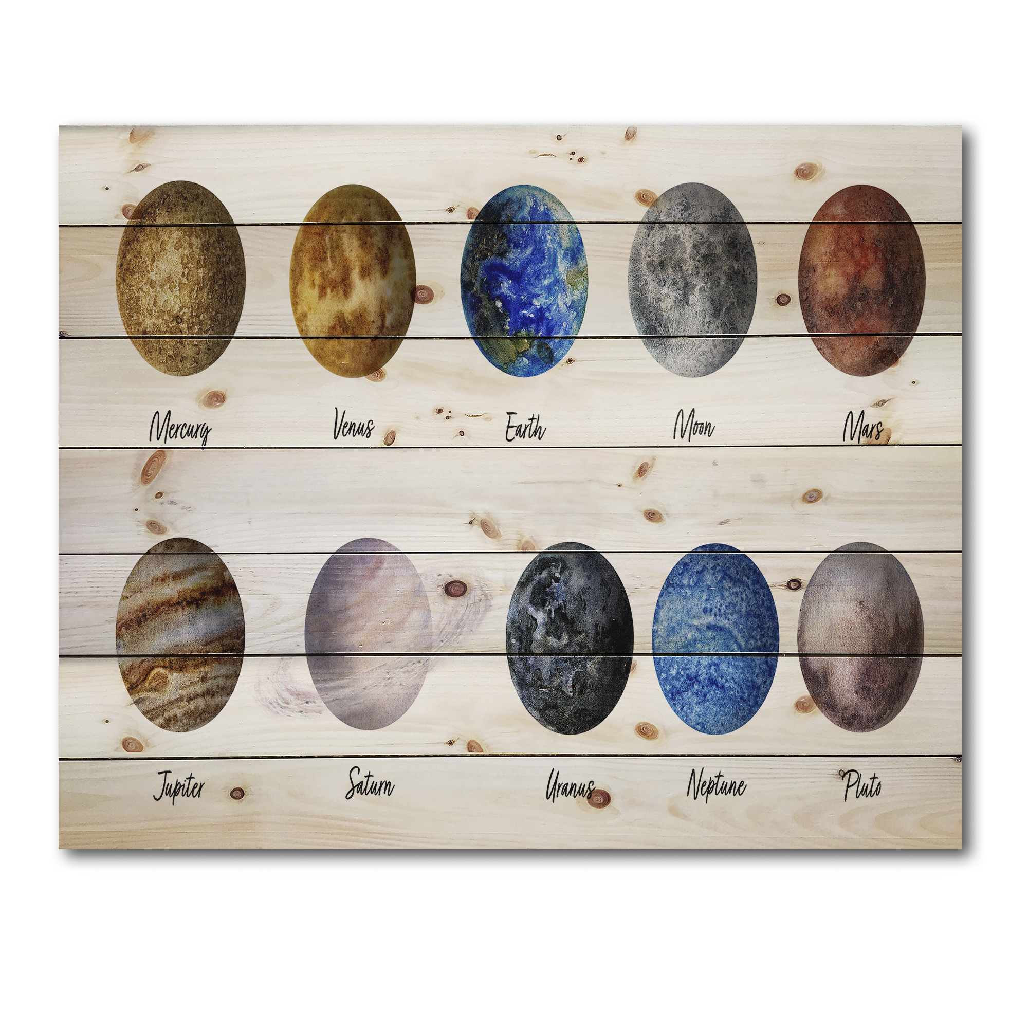 Designart 'All Planets United On White' Modern Print on Natural Pine Wood