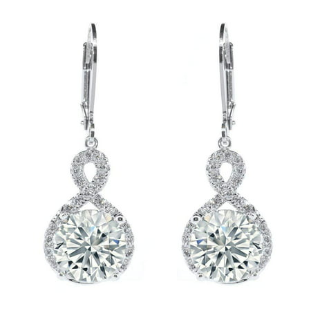 Alessandra 18k White Gold Infinity Halo Drop Earrings, Silver CZ Crystal Dangle Earrings Round Diamond Cubic Zirconia Earring Set