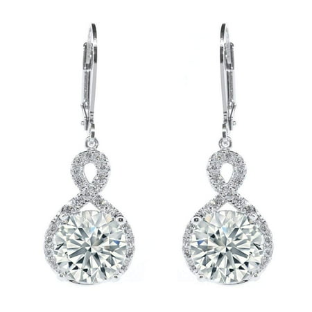 Lampwork Crystal Silver Earrings - Alessandra 18k White Gold Infinity Halo Drop Earrings, Silver CZ Crystal Dangle Earrings Round Diamond Cubic Zirconia Earring Set Special-Occasion-Jewelry