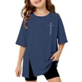 thumbnail image 2 of Girls Short Sleeve T Shirts Navy Oversized Crew Neck Side Split Tops Loose Fit Casual Basic Summer Tees 15-16 Years, 2 of 5