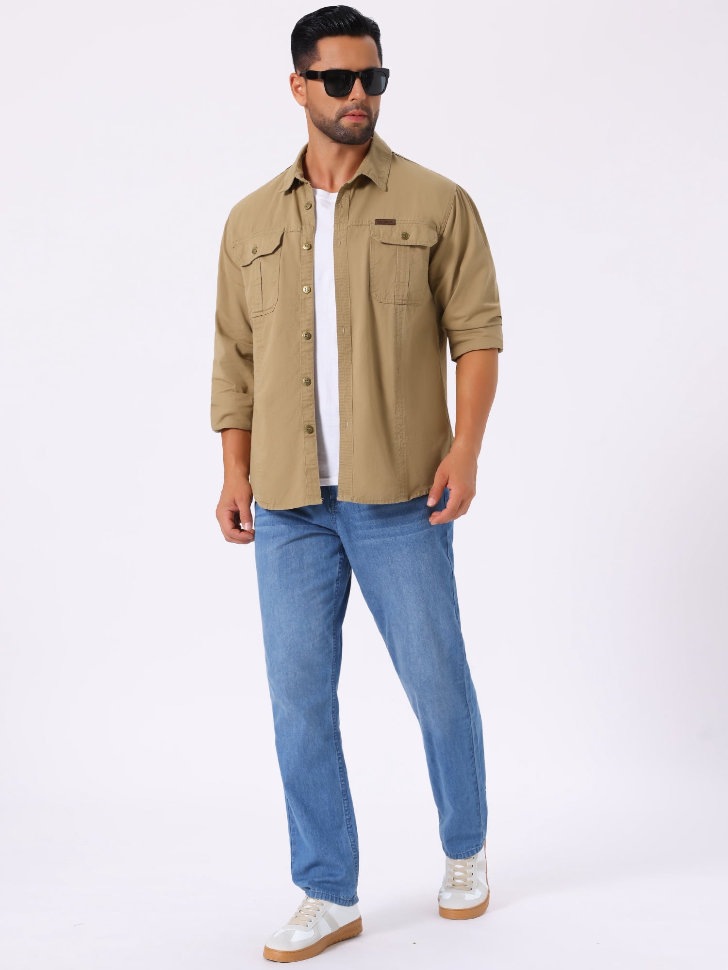 DARING DIVA Men's Casual Workwear Long Sleeve Button Down Hiking Shirts S Khaki
