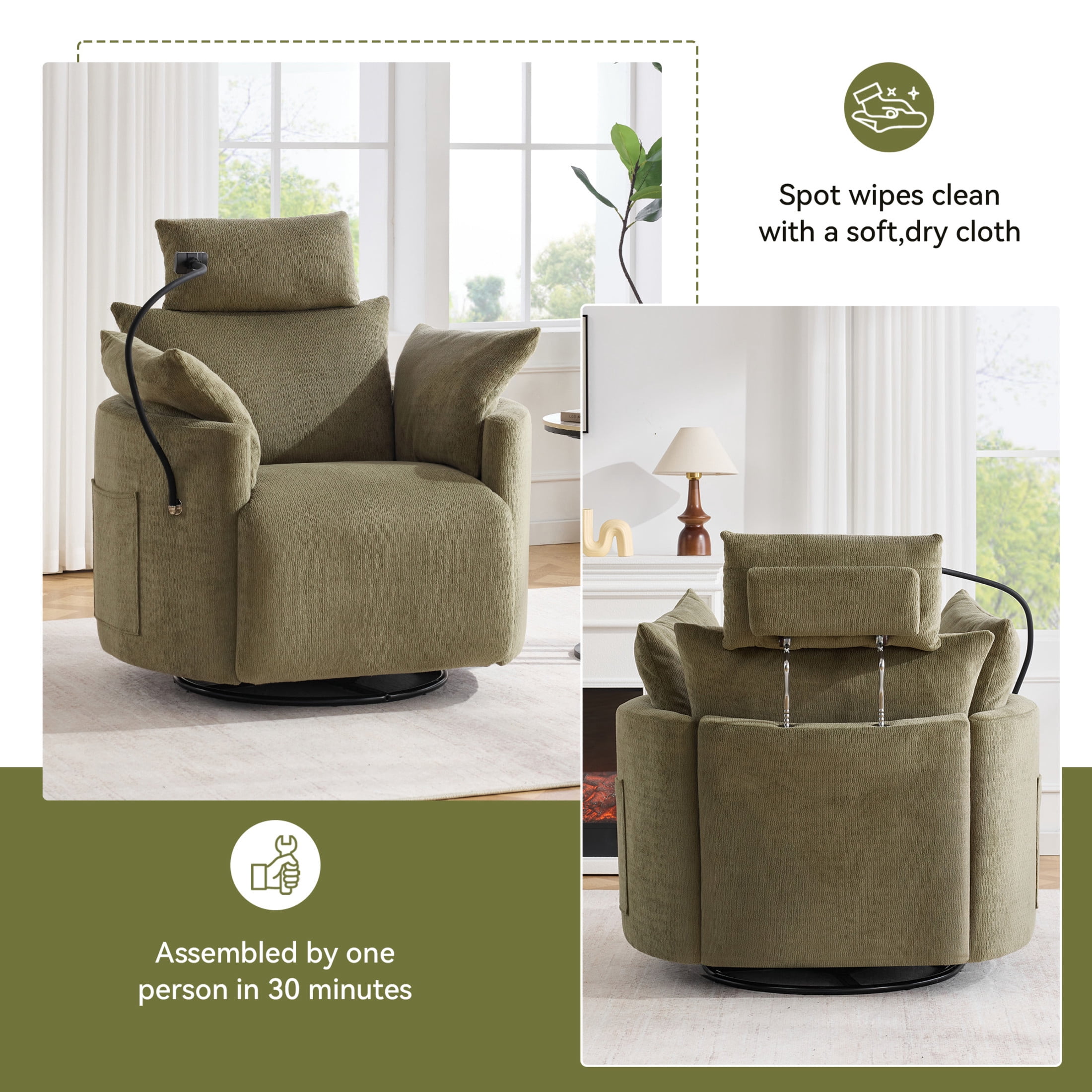 Noble House Sigrid 360° Swivel Rocking Recliner Chair, Electric Power Adjustable Chenille Armchair with USB, Light Green