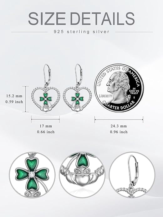 CACA LADY St Patricks Day Shamrock Dangle Earrings 925 Sterling Silver Claddagh Four Leaf Clover Earrings Irish Jewelry Gifts for Women