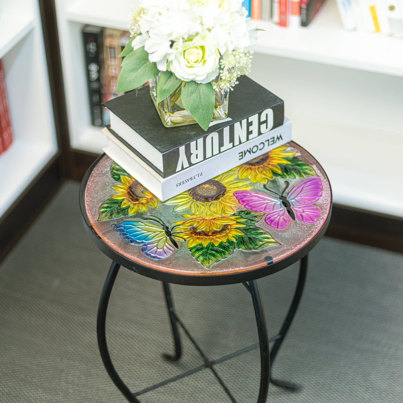 Wonder Garden Mosaic Side Table Outdoor for Patio, Indoor Accent Table Coffee Table for Bistro, Plant End Table Small, Sunflower Round Glass Plant Table Stands