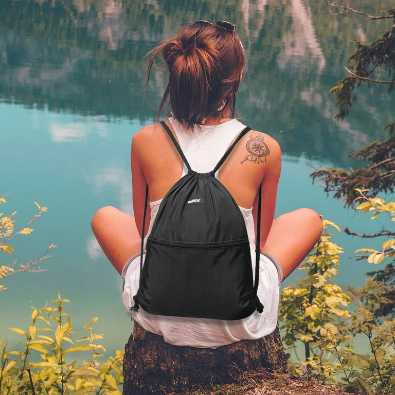 WANDF Drawstring Backpack String Bag Sackpack Cinch Water Resistant Nylon  for Gym Shopping Sport Yoga (Black)