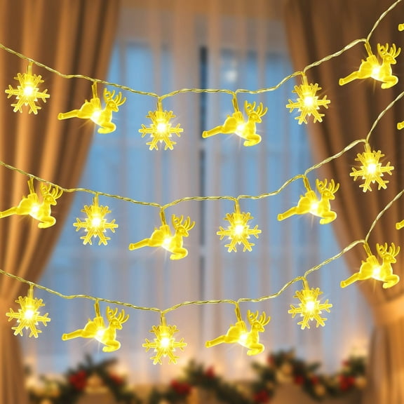 Fohil Christmas String Lights Snowflake Elk Battery Operated 50 LEDs 24.6FT Outdoor