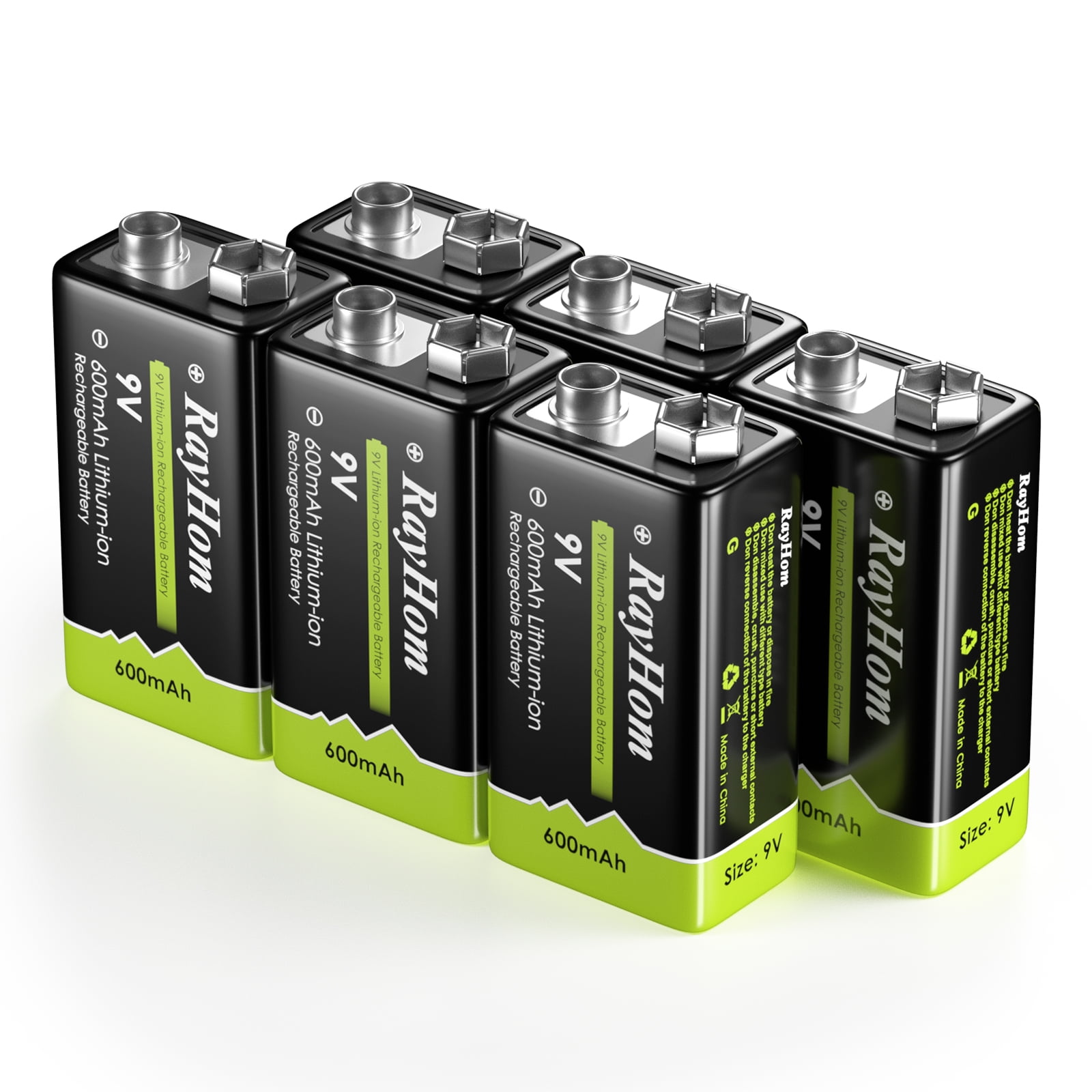 RayHom 9V Rechargeable Batteries 9 Volt 6F22 Lithium ion 600mAh Liion Batteries 6Packs High