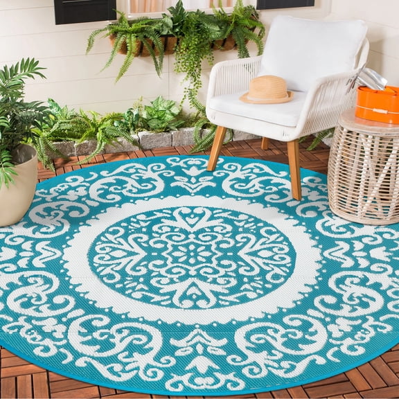 IValue Round Outdoor Rugs 6Ft Waterproof Patio Plastic Straw Rug Reversible Camping Carpet (Blue)