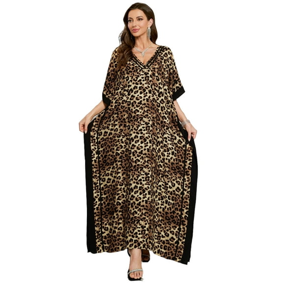 EDOLYNSA Women's Plus Size Kaftan Maxi Beach Dress Swimwear Cover up V Neck Caftan Loungewear Print Beachwear Vacation Outfit