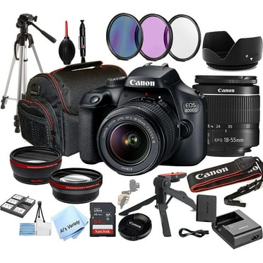 Canon EOS 4000D / Rebel T100 DSLR Camera w/EF-S 18-55mm F/3.5-5.6 Zoom Lens   64GB Memory   Case   Tripod   Filters 28pc Bundle
