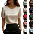 thumbnail image 6 of Womens Dressy Casual Tops with Pearls Decor Crewneck Short Sleeve Satin Elegant Party Business Office Blouse (S, Green), 6 of 6