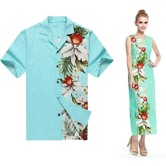 Fabriqué en Couple Hawaii Correspondant Luau Aloha Chemise Maxi Réservoir Robe Côté Orchidée Turquoise
