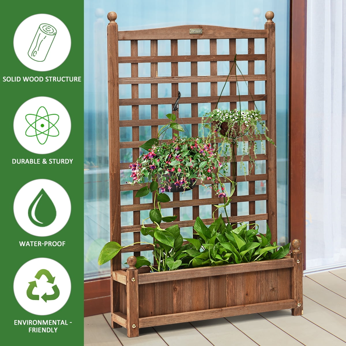 Costway Solid Wood Planter Box with Trellis Weather-Resistant Outdoor 25''x11''x48''