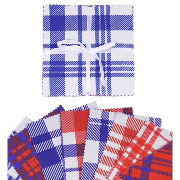 Soimoi Precut 10-inch Check Prints Cotton Fabric Bundle Quilting Squares Charm Pack DIY Patchwork Sewing Craft- Blue, Red & White-UY