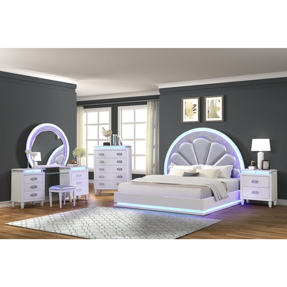 Galaxy Home Furnishings Perla Queen 4 Pc Vanity LED Bedroom Set Made with Wood In Milky White