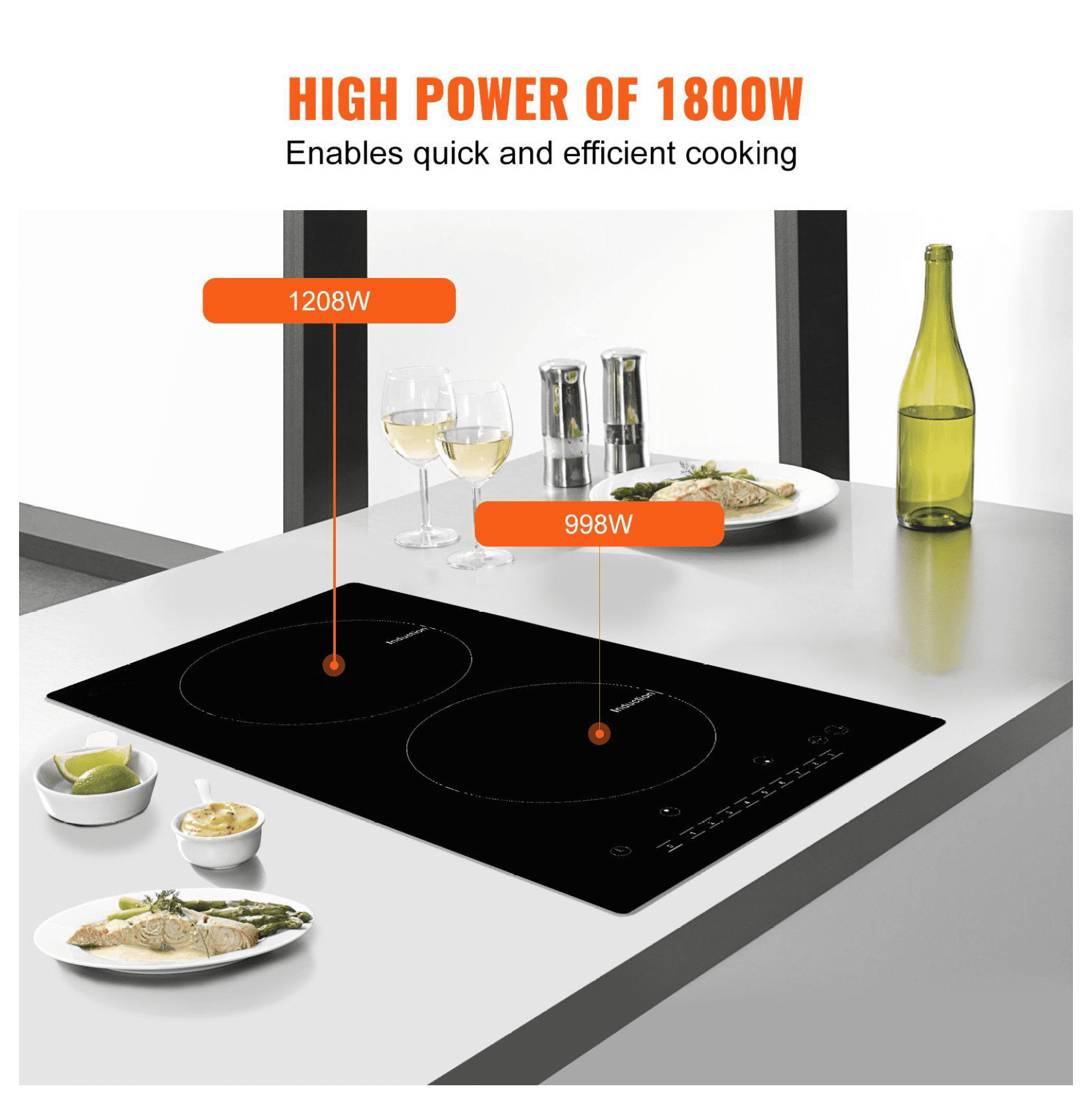 Electric Cooktop 2 Burners, 12'' Induction Stove Top 1800W, Built-in Magnetic Cooktop, 9 Heat Levels, LED Touch Screen, Child Lock & Overheat Protection