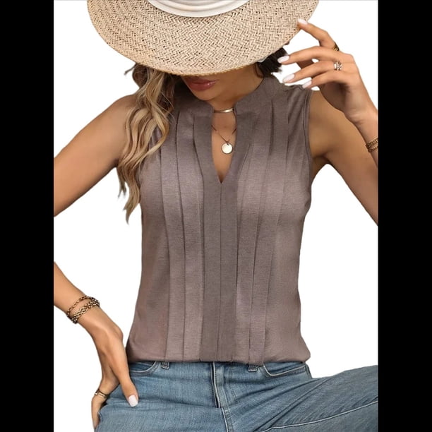 Camisas Sin Mangas para Mujer, Moda 2025, Camisetas Básicas Sin Mangas, Blusas Plisadas y Elegantes, Conjuntos de Verano. Camello XXL