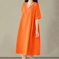 thumbnail image 4 of Hot Days, Bold Styles SMihono Midi Dresses for Women Casual V Neck Half Sleeve A Line Dress Flowy Swing Pleated Mid-Calf Length Dress with Pockets Orange L, 4 of 9