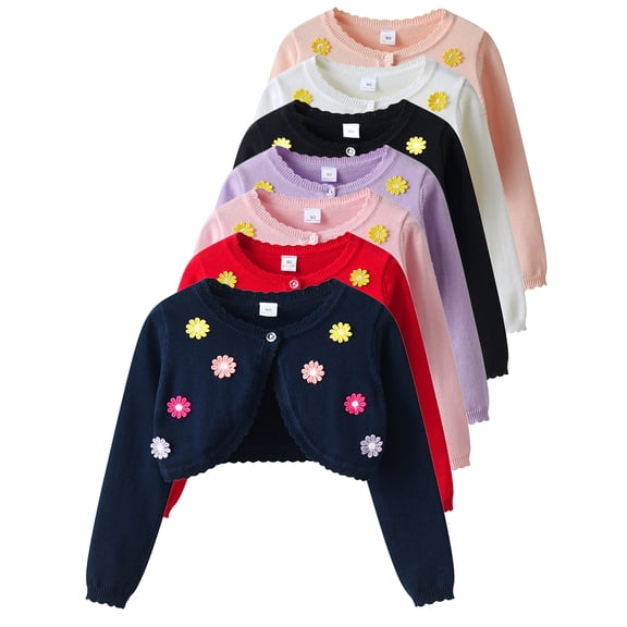 HWJAD Long Sleeve 3D Flower Bolero Shrug for 1-14Y Girls Toddler Kids One Button Closure Cardigan Knit Sweater Cropped Cover Up Coat