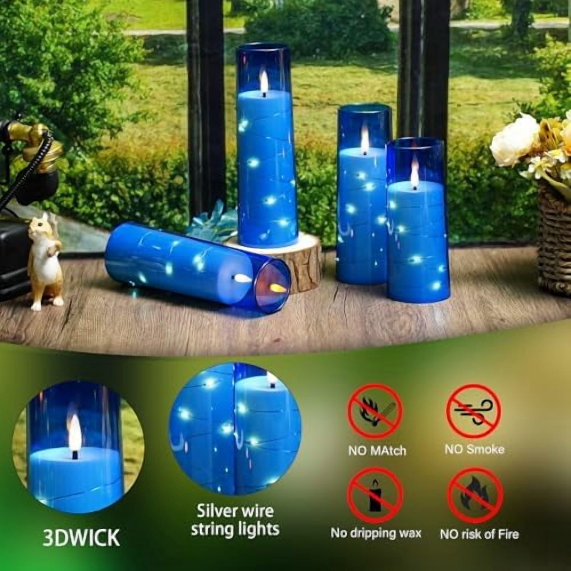 Flameless Candles,with Embedded Star String, Battery Operated Candles Flickering LED Pillar Candles with Remote Control and Timer, Home Decoration Add a Warm and Romantic Atmosphere，Set of 7 (Blue)