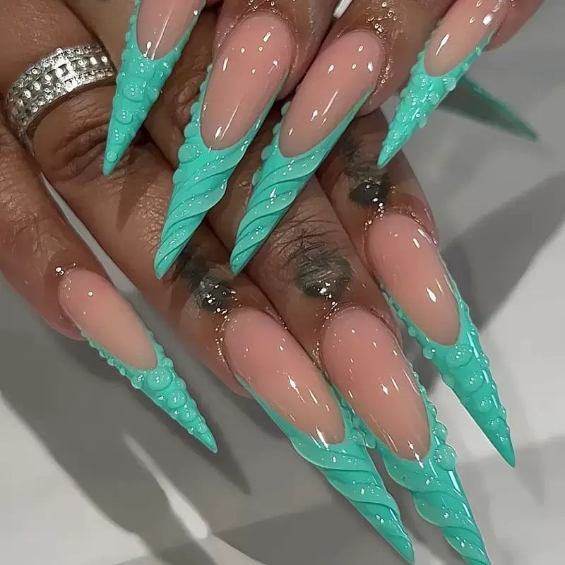 Cross-border hot-selling pointed nail fashionable three-dimensional spiral pattern advanced whitening wearing nail removable fake nail finished product wholesale