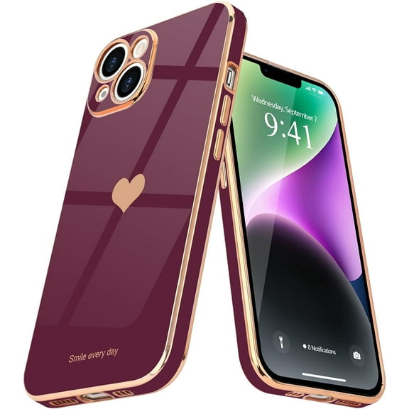 for iPhone 14 Case for Women Girl Cute Love Heart Luxury Electroplate Plating Soft Bling Back Cover Raised Full Camera Protection Bumper Silicone Shockproof Phone Case for iPhone 14, wine red