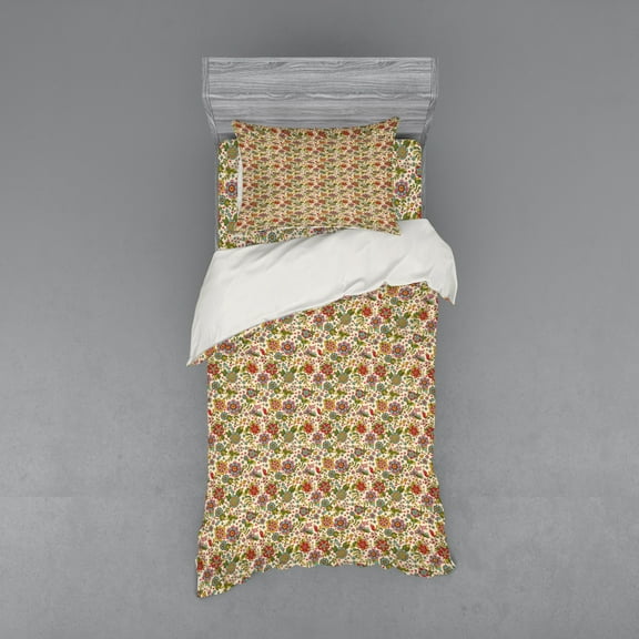 Ambesonne Colorful Bedding Set 3 Pcs, Vintage Flora Fauna, Twin XL, Multicolor
