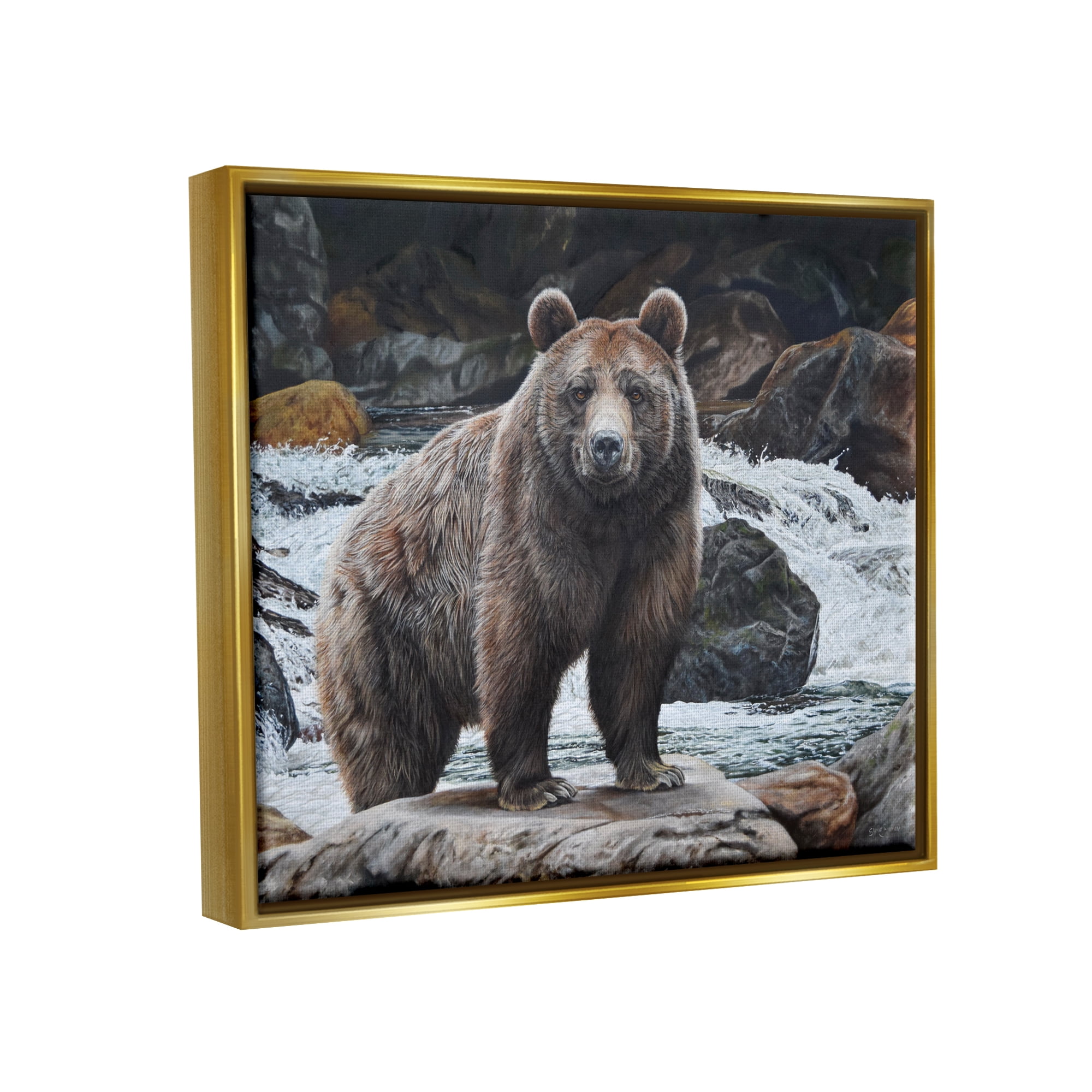 Stupell Industries Grizzly Bear by Waterfall Animals & Insects Painting Gold Floater Framed Art Print Wall Art, 31 x 25