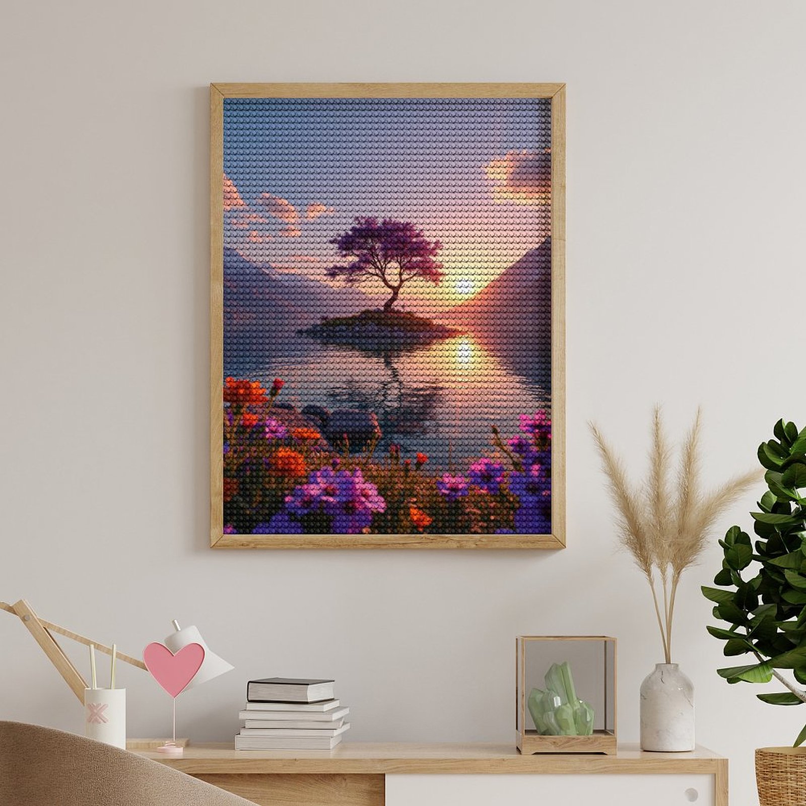 Diamond Art Kit for Adults, Sunset Tree Island Reflection Diamond