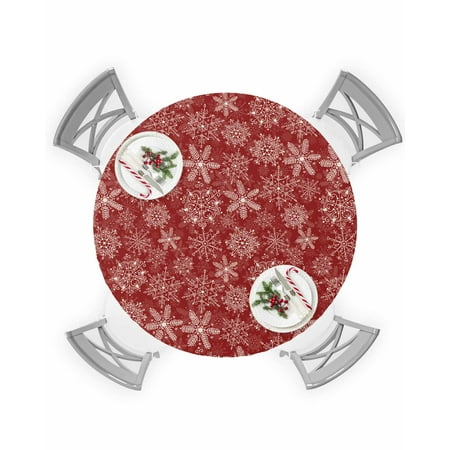 

Round Tablecloth with Elastic Red Christmas Gold Snowflake Texture Pattern Waterproof Stain-proof Table Cover Wipeable Fitted Table Cloths for 36 -44 Round Tables Dining Kitchen Indoor Outdoor Use