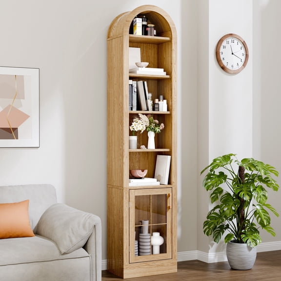 TOPCOMFY 71" Tall Arched Bathroom Narrow Storage Cabinet with Adjustable Shelf, Farmhouse Freestanding Tower Cabinet with Door and Drawer, Space Saving Organizer for Kitchen, Living Room, Brown