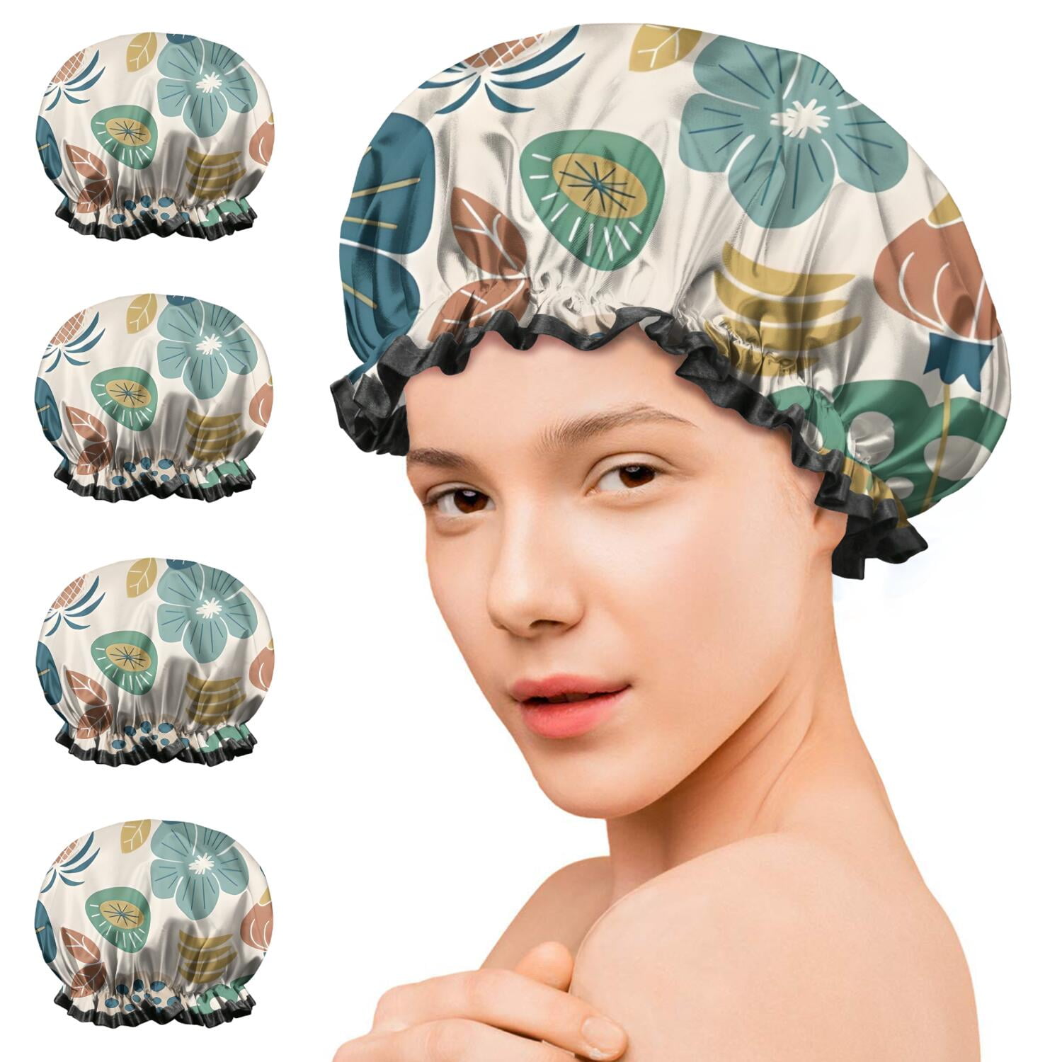 Shower Caps,Beige Pioneer Flower and Leaf Pattern Waterproof Shower Cap for Women 4 Pieces,Double Reusable Hair Cover for Shower PEVA Elastic Stretch Hem