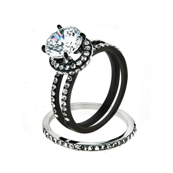 3.45 Ct Halo Round Cut Cz Black Stainless Steel Wedding Ring Set Women's Size 9