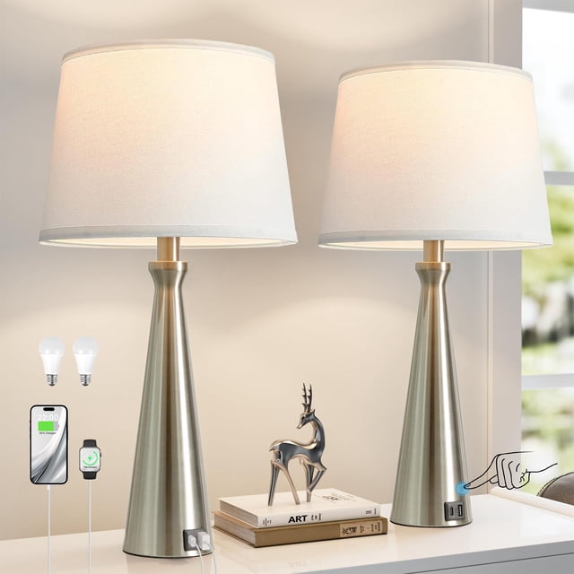 Set de 2 lámparas de mesa modernas Seealle, color plateado, con USB C+A de 3 vías