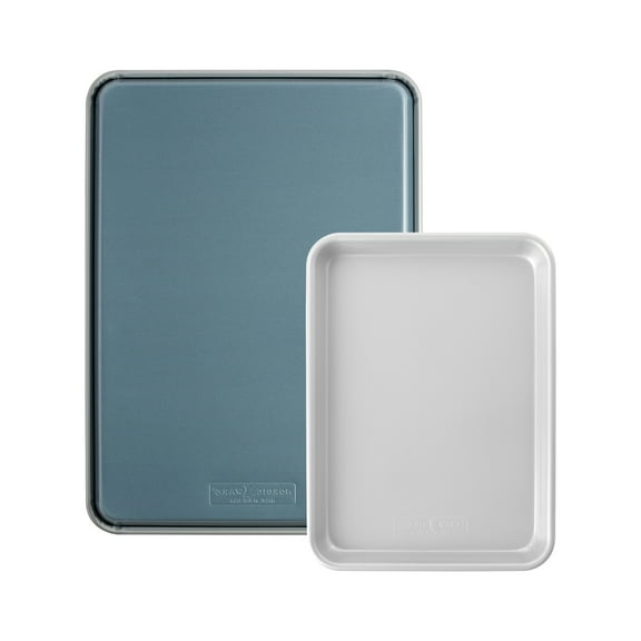 2pc Nordic Ware Nonstick Aluminum Brilliant Bakeware Half and Quarter Sheet Pans, Silver and Blue