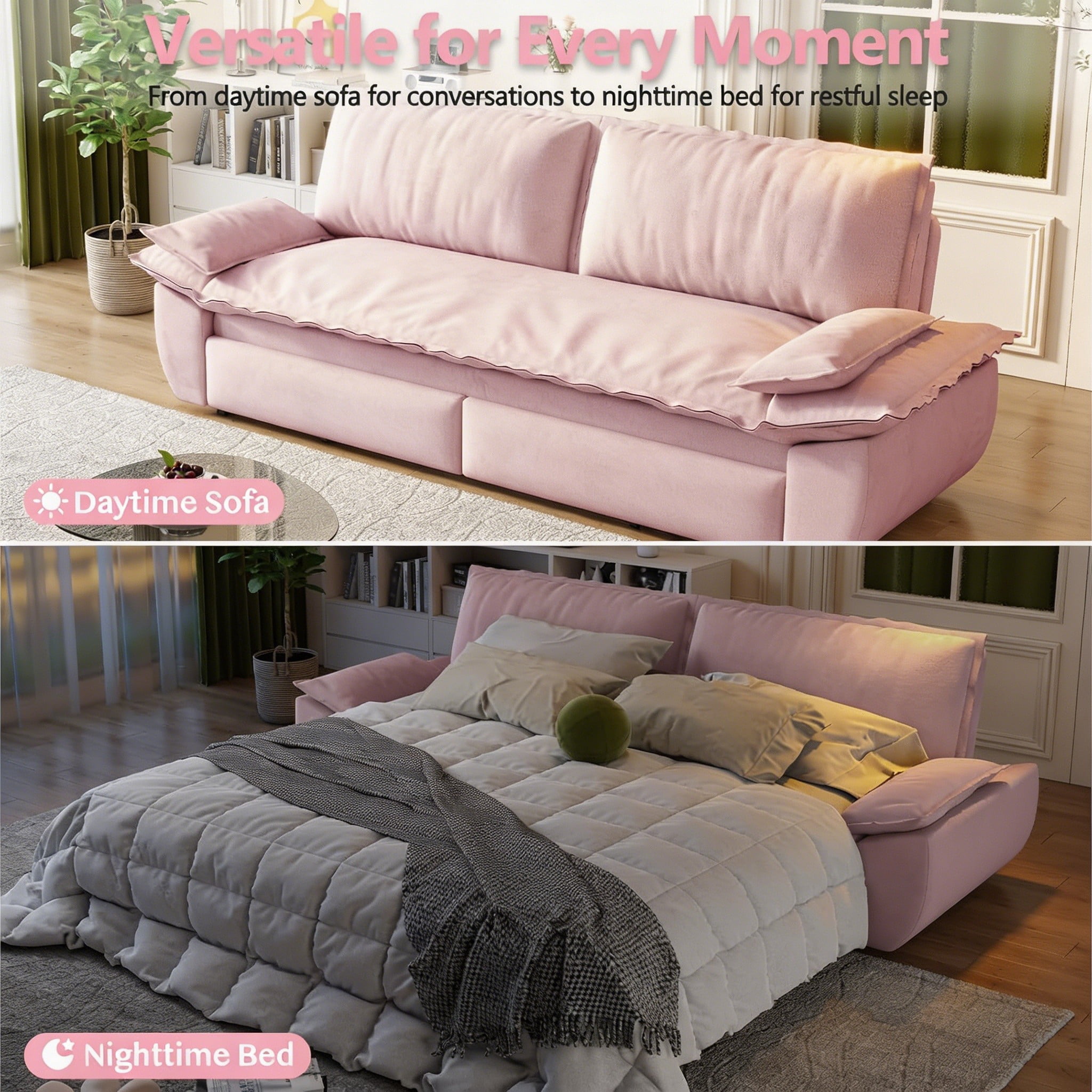 Multi-Functional Velvet 3-in-1 Convertible Sofa Bed, Queen Size Sleeper Loveseat with 2 Pillows, Pink